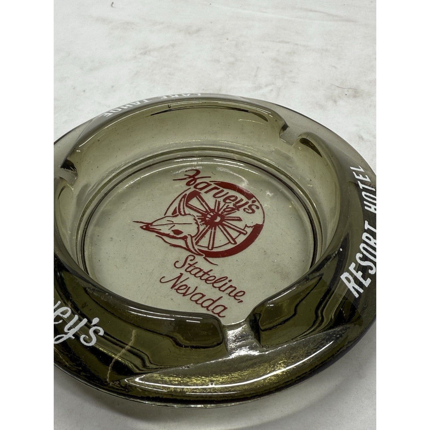 New Vintage Ashtray Harvey's State Line Nevada Resort Hotel Lake Tahoe Glass NV