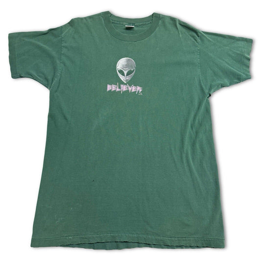1995 Alien Workshop “BELIEVER” Green Skateboard T Shirt Gray XL Size Vintage 90 - thriftgoblin