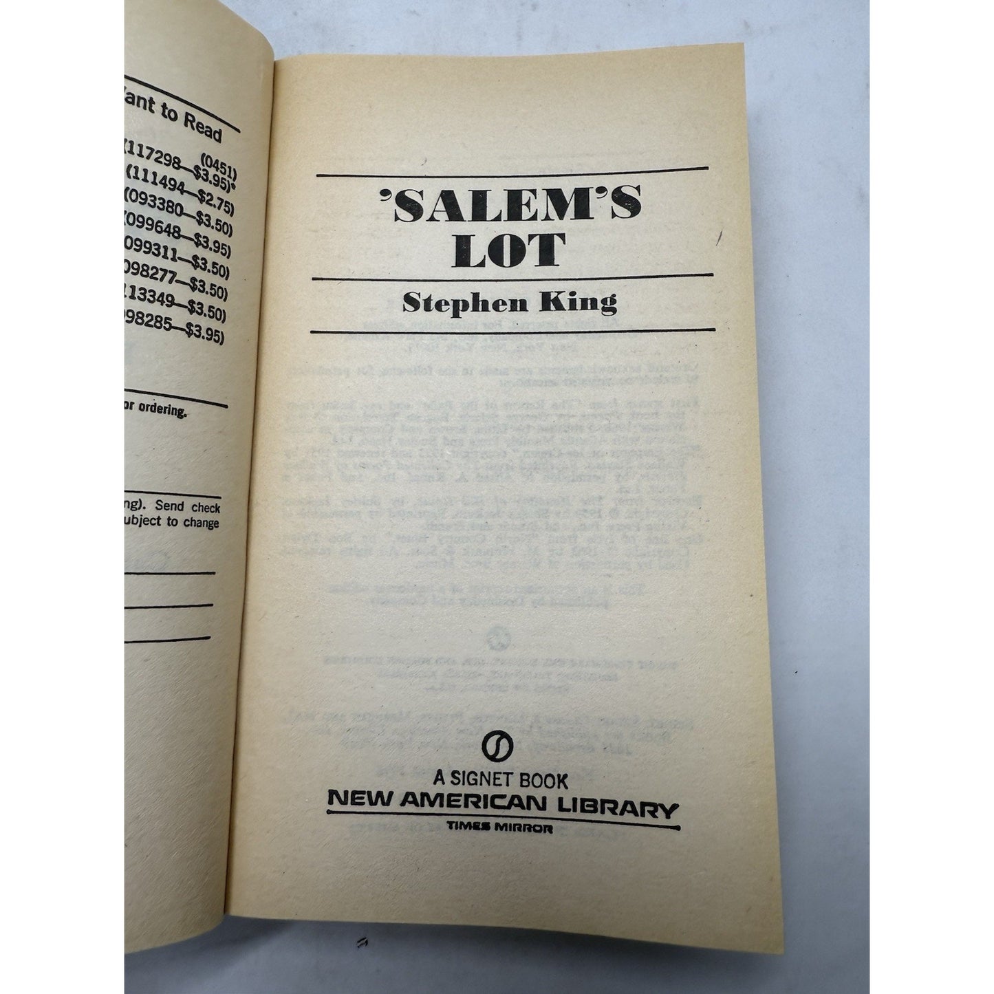 Salem's Lot Stephen King Paperback Book 1st Signet Printing August 1976 Horror