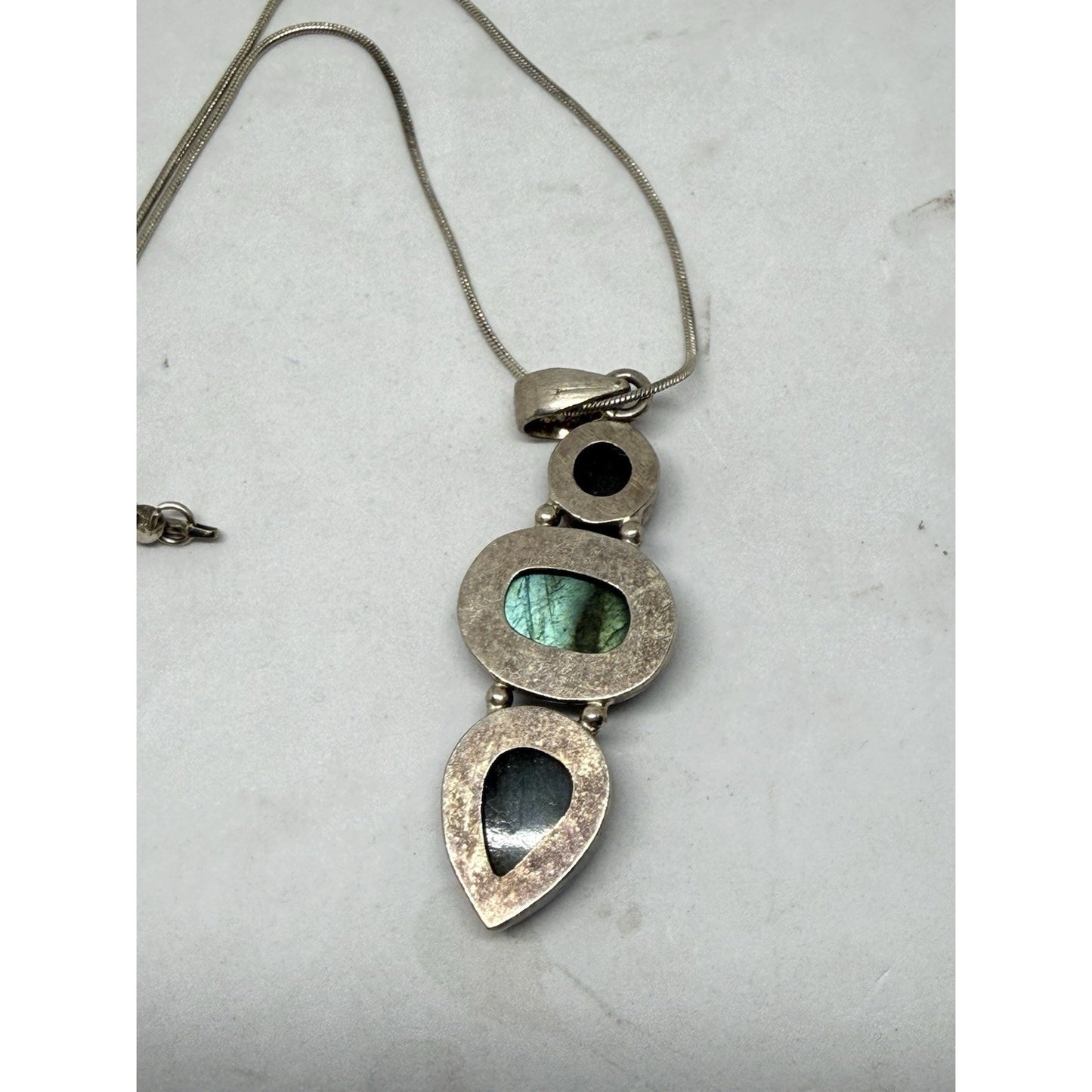 Silver Labradorite Pendant Necklace Snake Chain Three Gemstones Bezel Setting