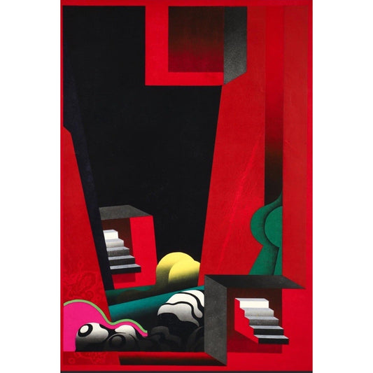 Akira Kurosaki Les Tenetres Vermeilles 1970 Woodblock Print 1/200 Signed Japan - thriftgoblin