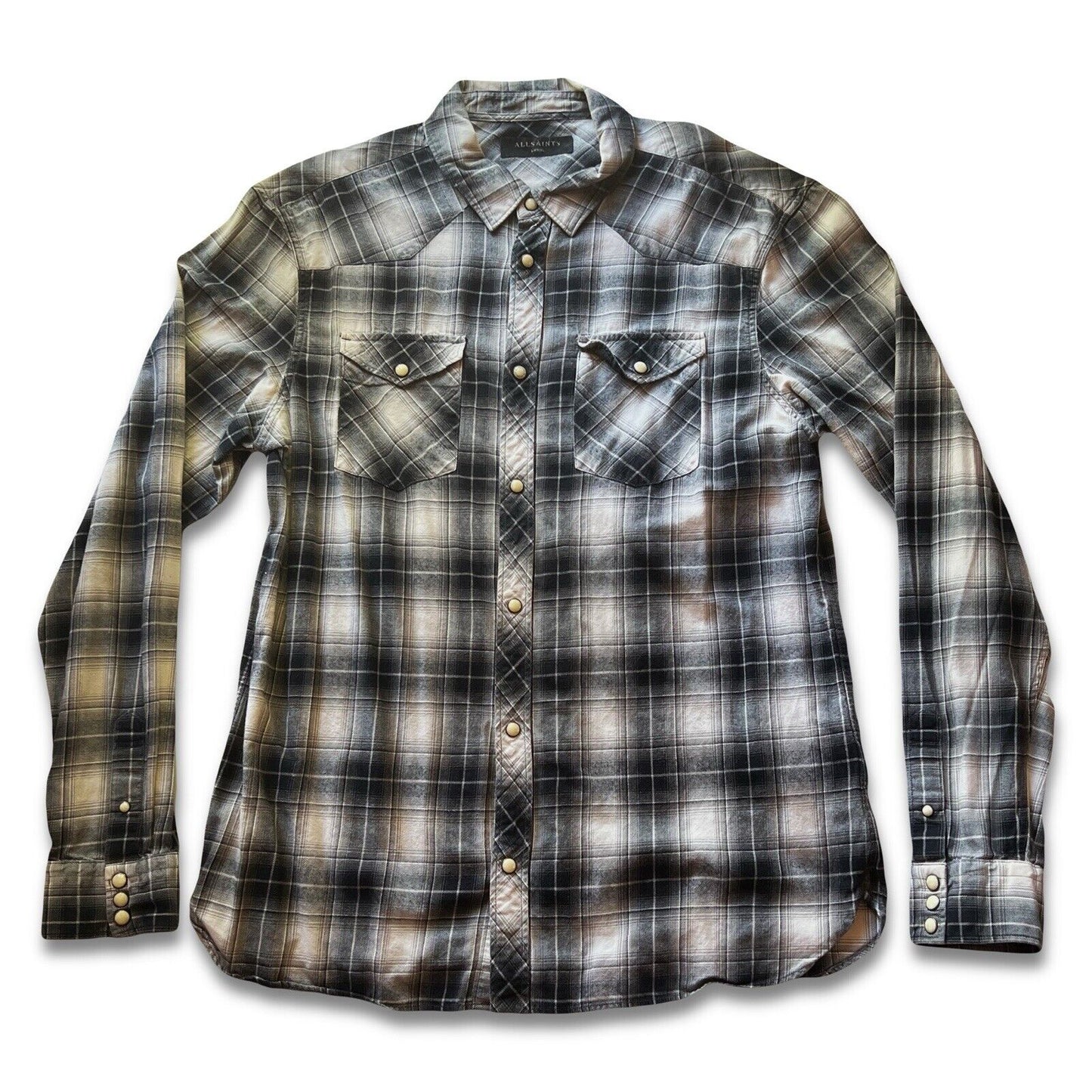 All Saints Shirt Men Medium Black Plaid Pearl Snap Flannel Cowboy Western Flanel - thriftgoblin
