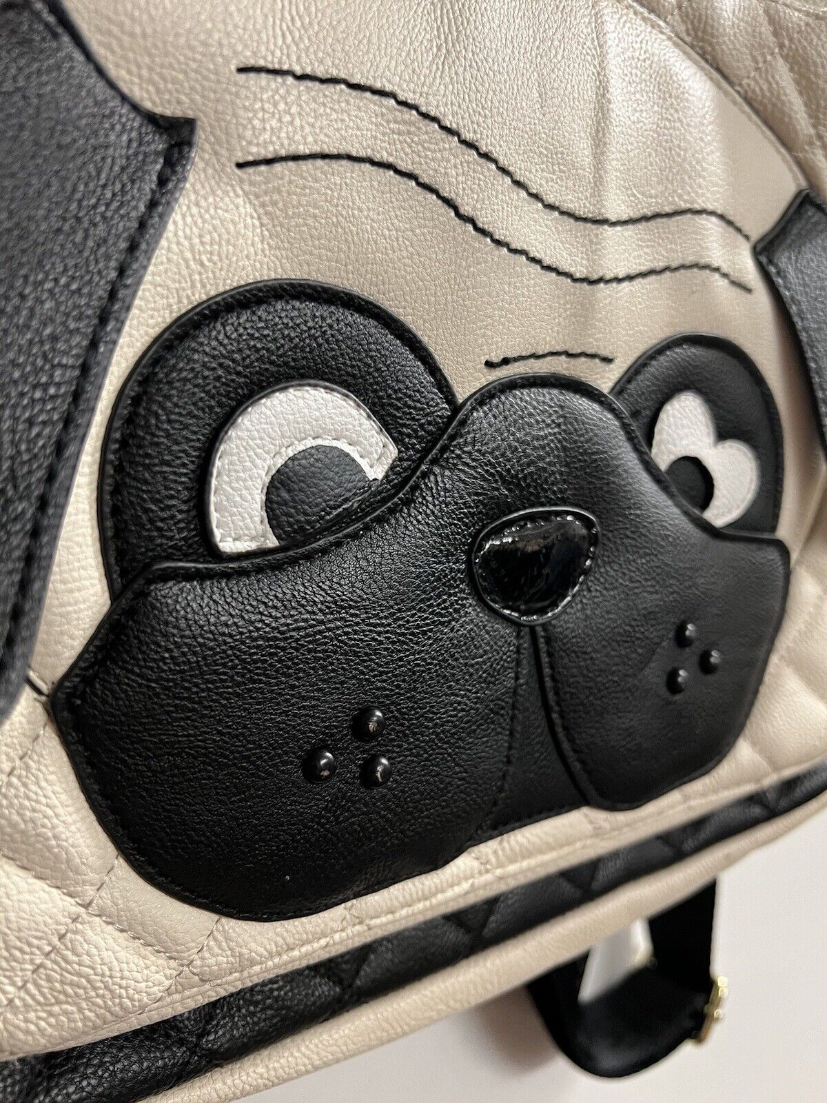 Betsey Johnson Pug Dog Quilted White And Black Faux Leather Backpack W Ball - thriftgoblin