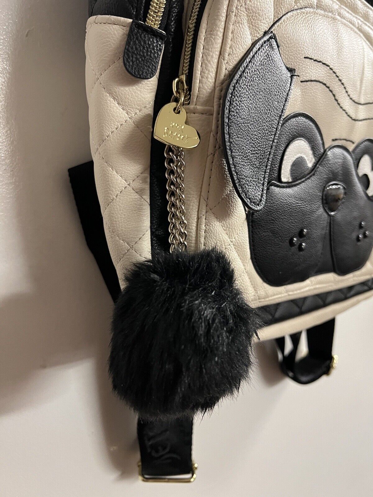 Betsey Johnson Pug Dog Quilted White And Black Faux Leather Backpack W Ball - thriftgoblin
