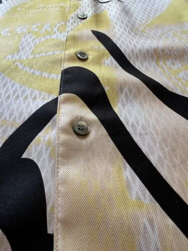 Brandini 100% Pure Silk Yellow Pearl Buttons Down Shirt Abstract Short Sleeve - thriftgoblin