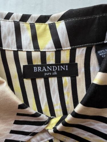 Brandini 100% Pure Silk Yellow Pearl Buttons Down Shirt Abstract Short Sleeve - thriftgoblin