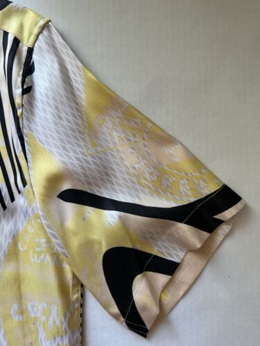 Brandini 100% Pure Silk Yellow Pearl Buttons Down Shirt Abstract Short Sleeve - thriftgoblin