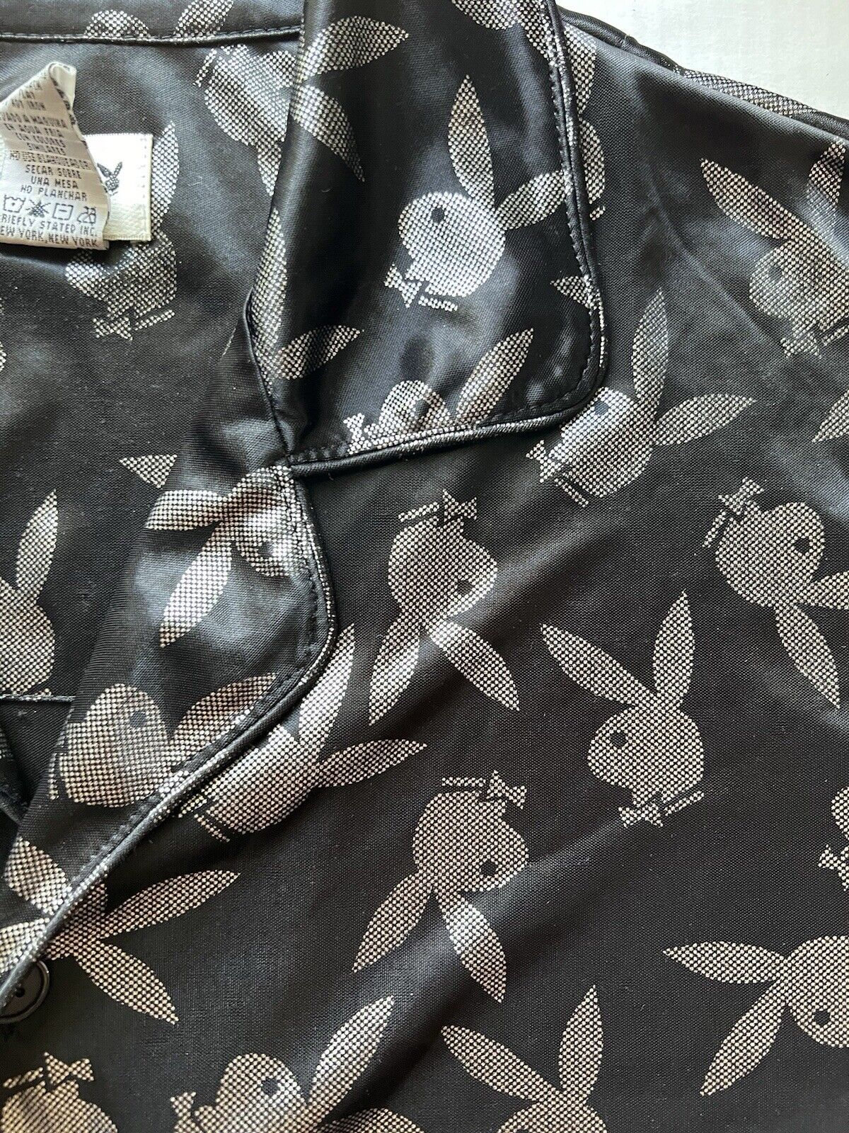 Bunny PLAYBOY Button Down Sleep Wear Men's Black Silver Shirt Large Sheer Adult - thriftgoblin