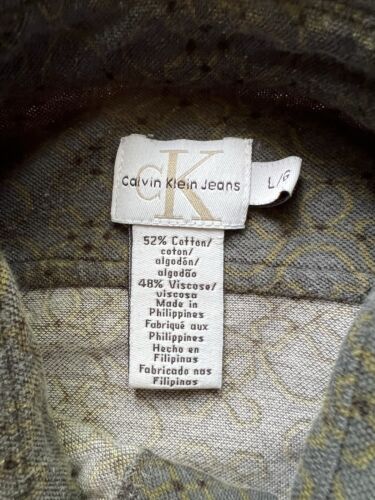 Calvin Klein Jeans Shirt Mens Large Green Beige Short Sleeve Point Collar - thriftgoblin