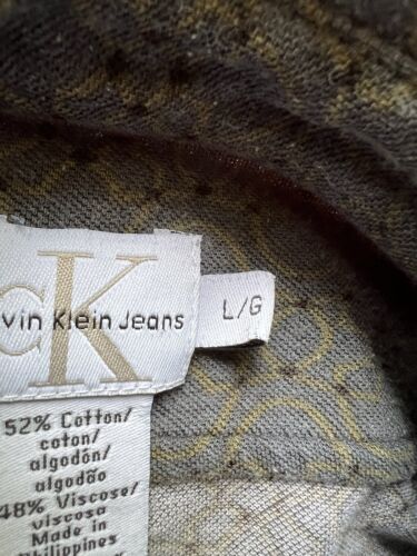 Calvin Klein Jeans Shirt Mens Large Green Beige Short Sleeve Point Collar - thriftgoblin