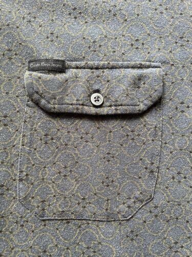 Calvin Klein Jeans Shirt Mens Large Green Beige Short Sleeve Point Collar - thriftgoblin