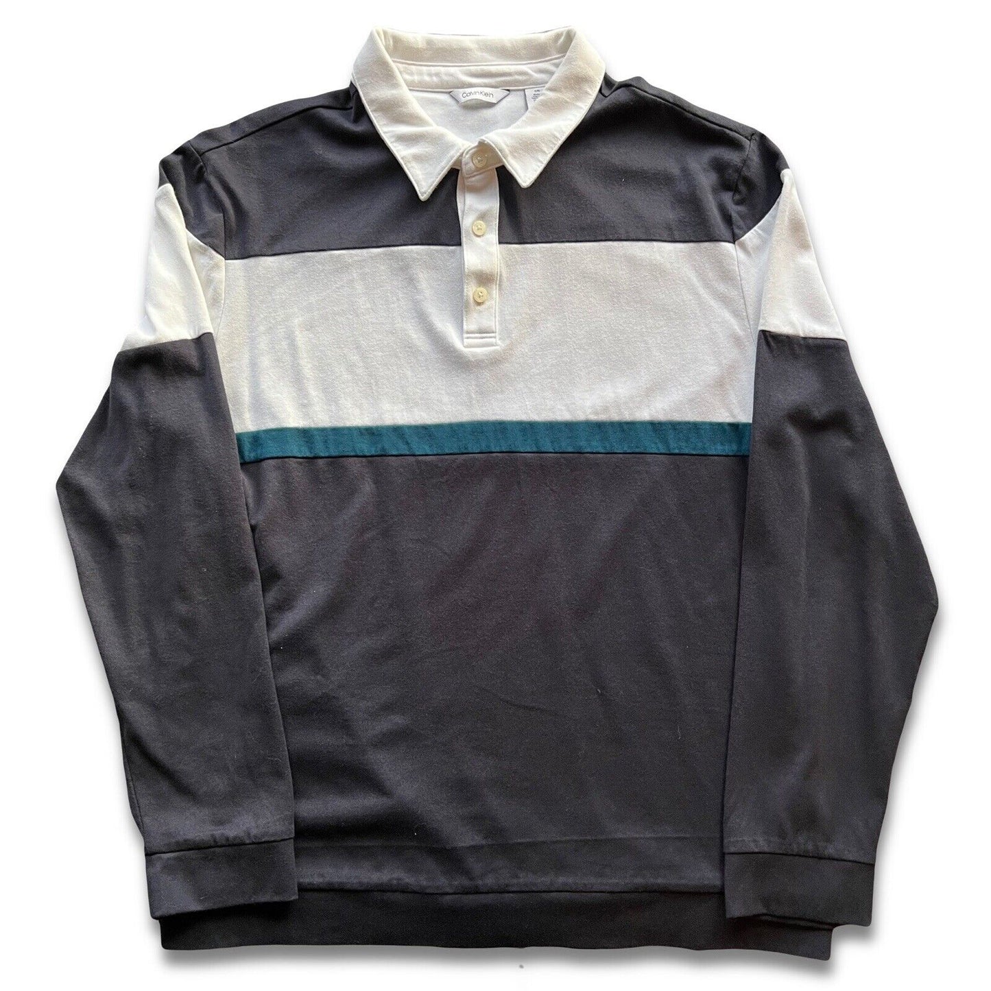 Calvin Klein Polo Shirt Mens Large Blue Retro Style Long Sleeve Collared - thriftgoblin