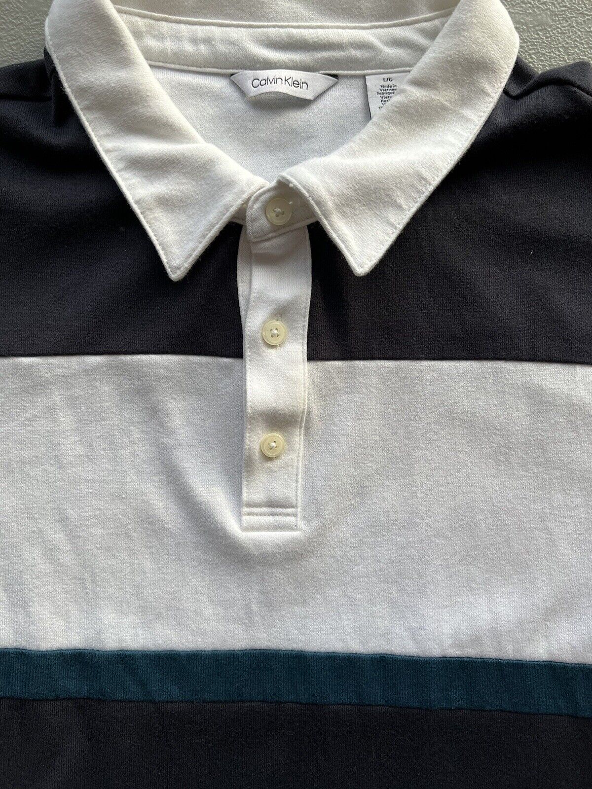 Calvin Klein Polo Shirt Mens Large Blue Retro Style Long Sleeve Collared - thriftgoblin