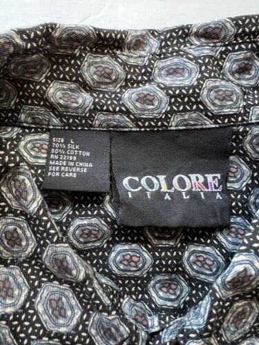 Colore Italia Mens Shirt Silk Short Sleeve Black Tan Geometric Button Up Size L - thriftgoblin
