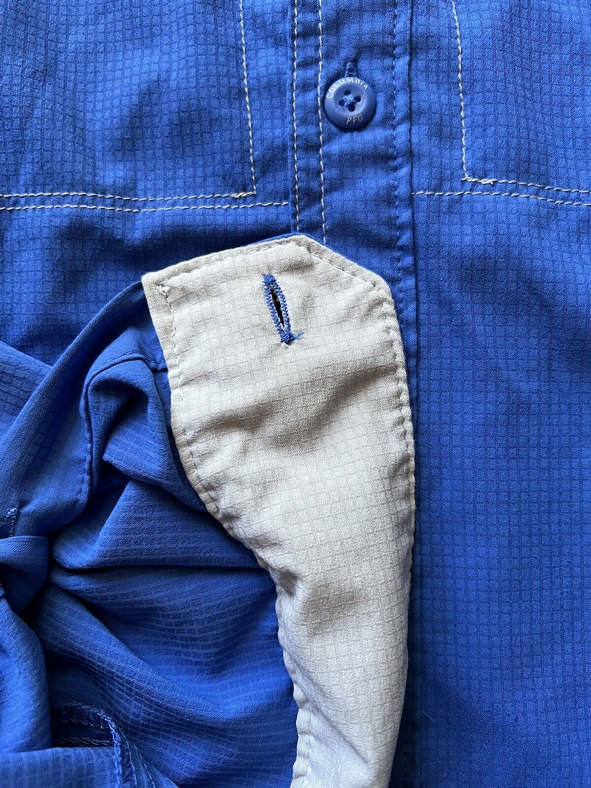 COLUMBIA Fishing Shirt Men's M PFG Bright Blue Vented Back Panel UPF 50 Sun - thriftgoblin