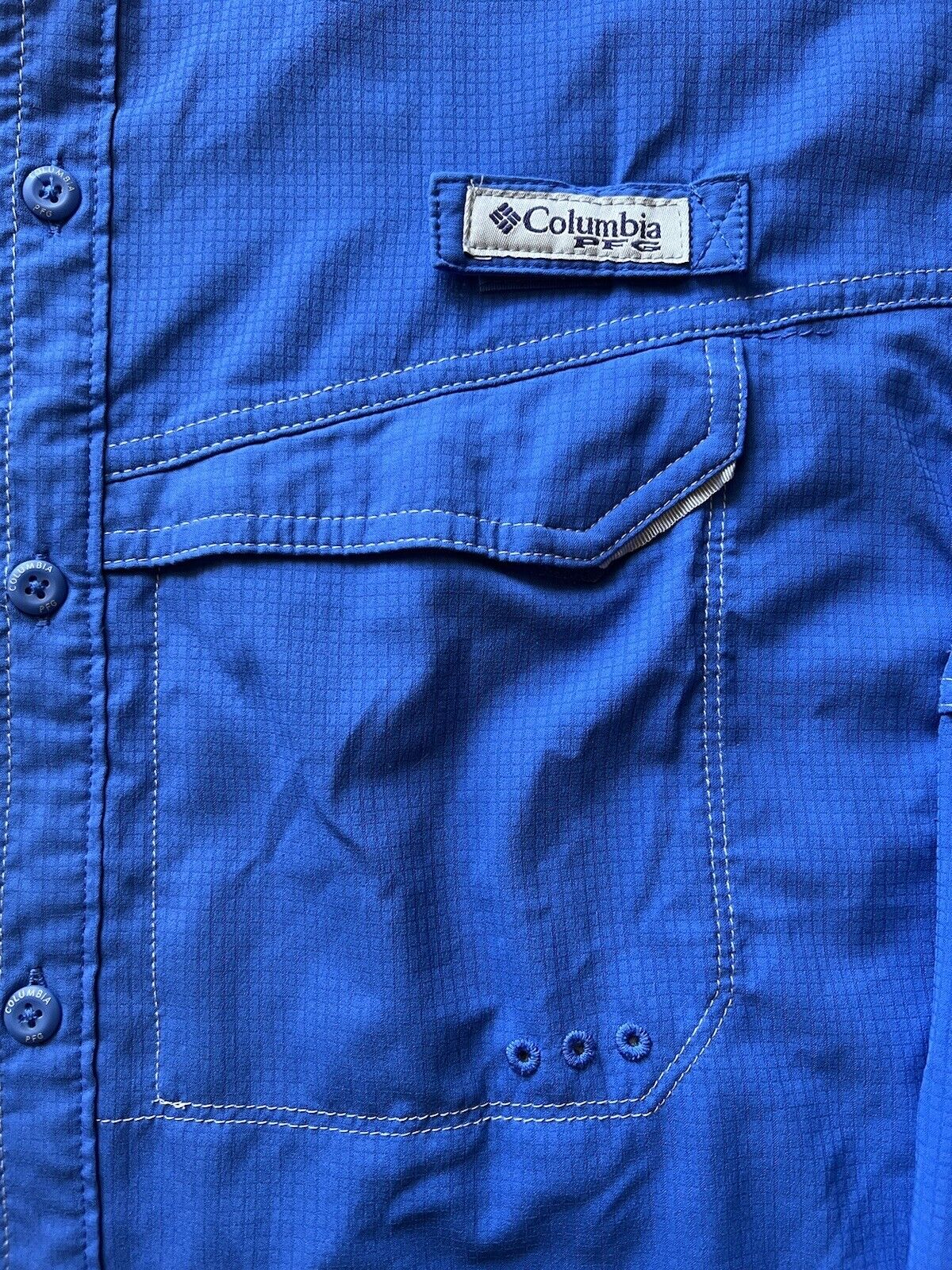 COLUMBIA Fishing Shirt Men's M PFG Bright Blue Vented Back Panel UPF 50 Sun - thriftgoblin