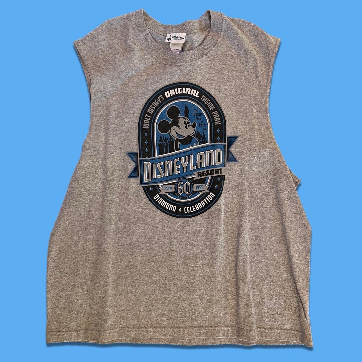 Disneyland 60 Diamond Mickey Mouse Sleeveless Crewneck Shirt Gray Mens 2XL Print - thriftgoblin