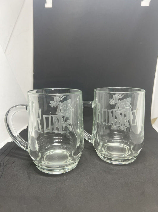 Disneyland Disney’s GOOFY POGO Clear Etched Glass Mug Coffee “RON” “BONNIE" - thriftgoblin