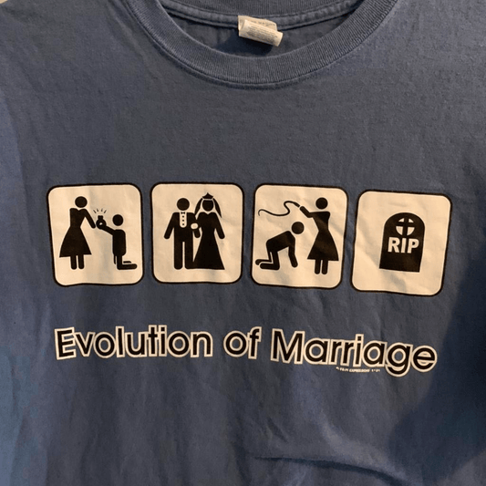 Evolution Of Marriage Comic Tee F&M Expressions 1991? L shortsleeve - thriftgoblin