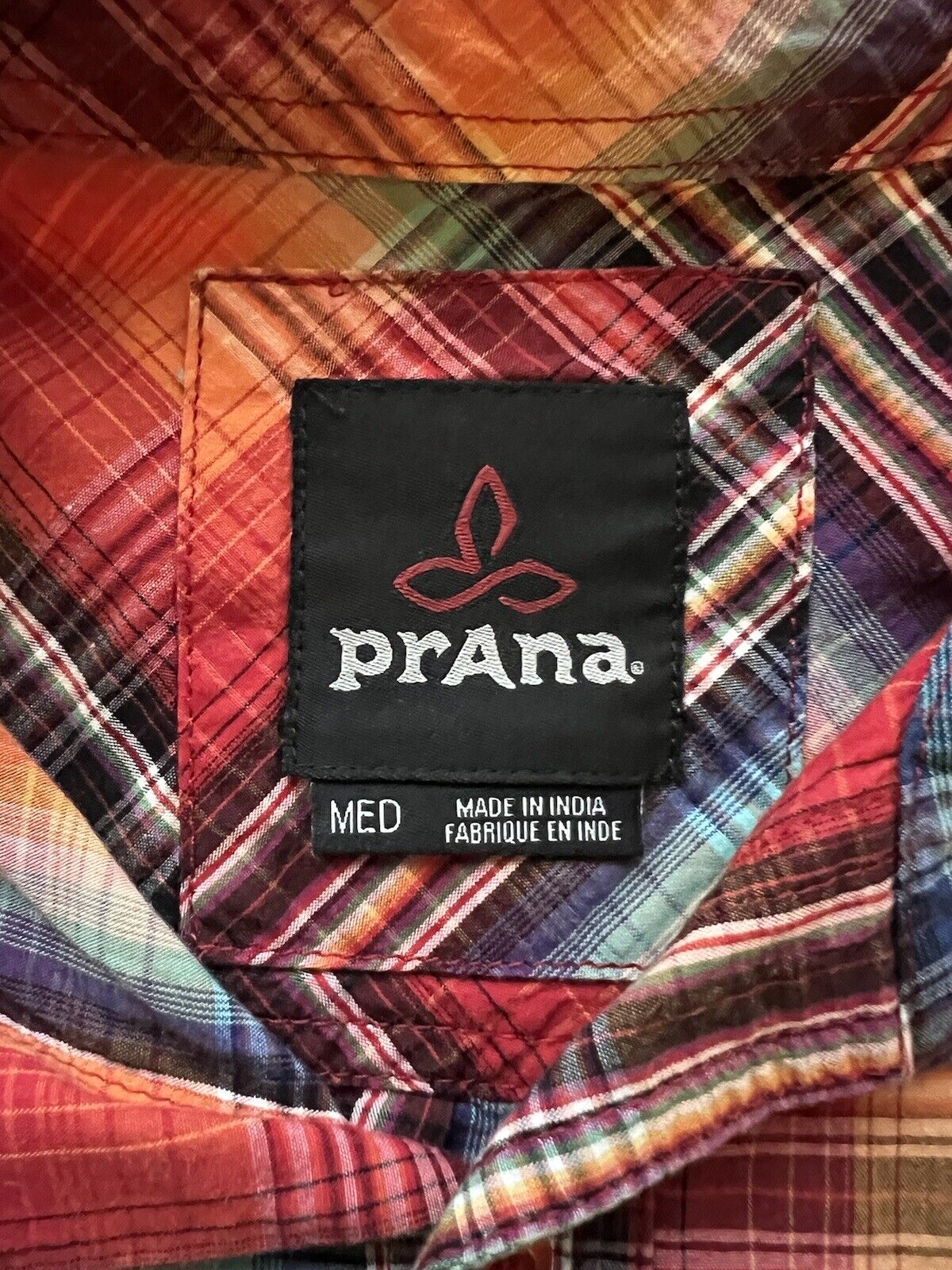 Fun PrAna Shirt Mens Size Medium Short Sleeve Orange Plaid Cotton Hiker Outdoor - thriftgoblin