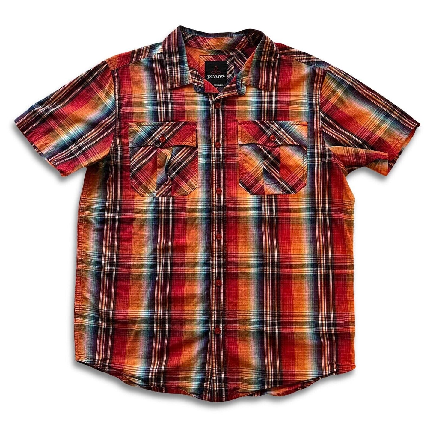 Fun PrAna Shirt Mens Size Medium Short Sleeve Orange Plaid Cotton Hiker Outdoor - thriftgoblin