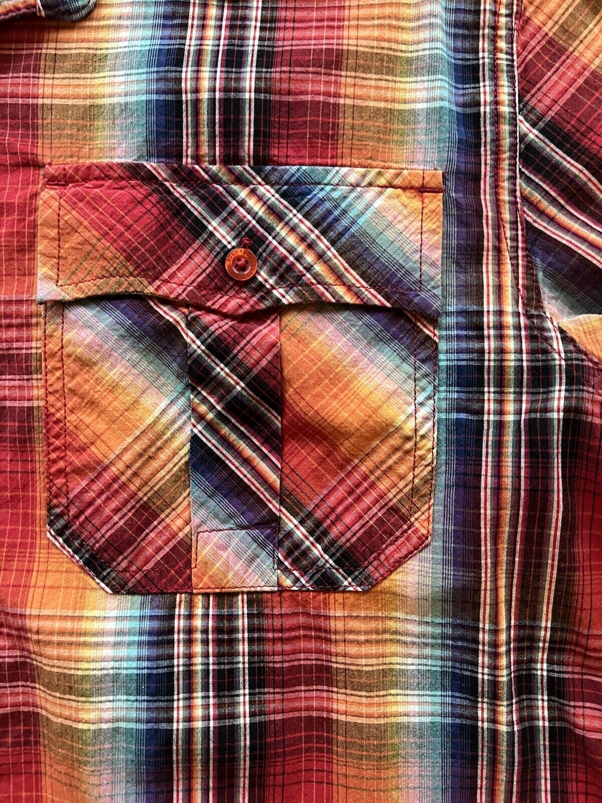 Fun PrAna Shirt Mens Size Medium Short Sleeve Orange Plaid Cotton Hiker Outdoor - thriftgoblin