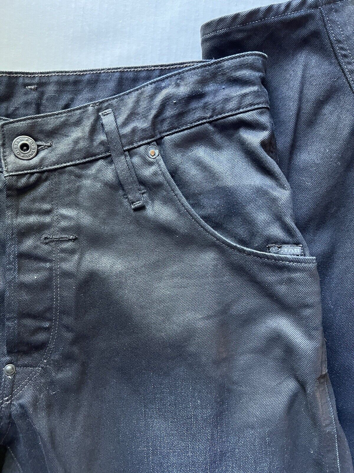 G - STAR RAW - ARC ZIP 3D Loose Tapered. Mens 32x32 Black Waxed Denim Motorcycle - thriftgoblin