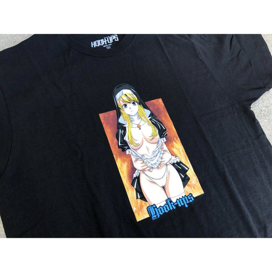 Hook - Ups Nun T-Shirt Black Size L Anime Girl Skate Tee New Bagged Rare VTG - thriftgoblin