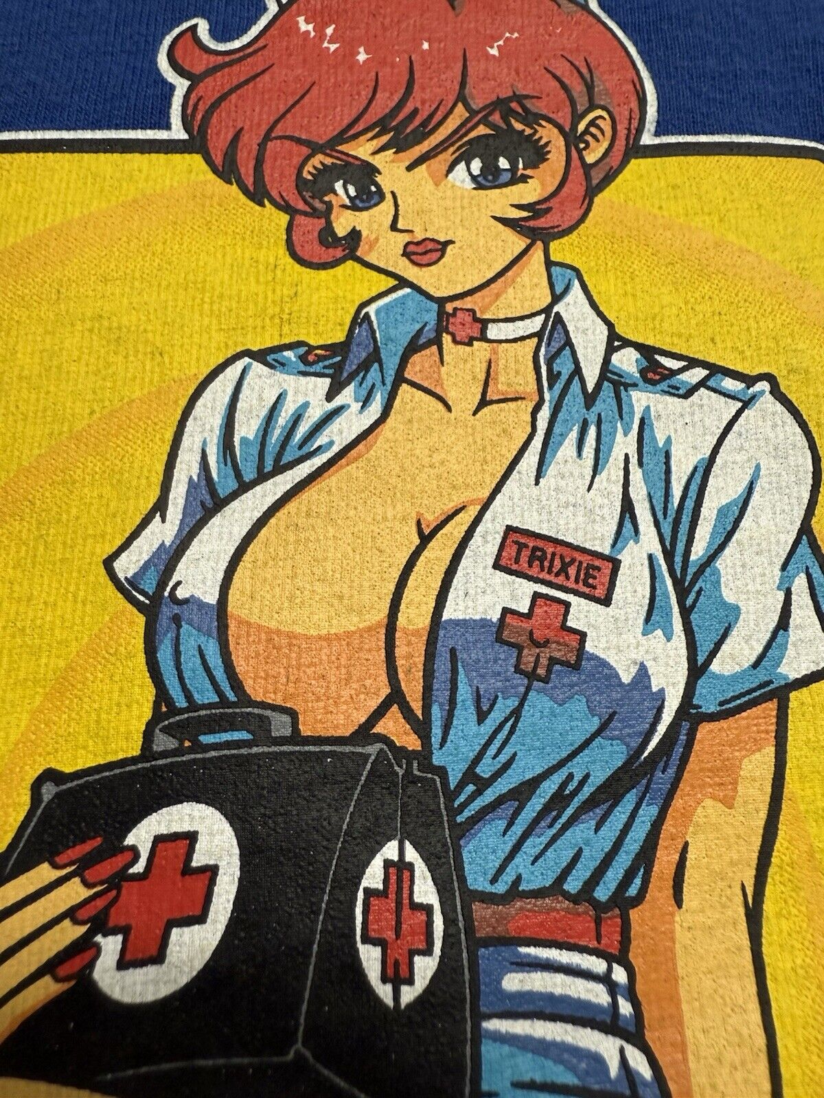 Hook - Ups Skateboard “Nurse Trixie” Blue Vintage TShirt Men's Large JK Industries - thriftgoblin