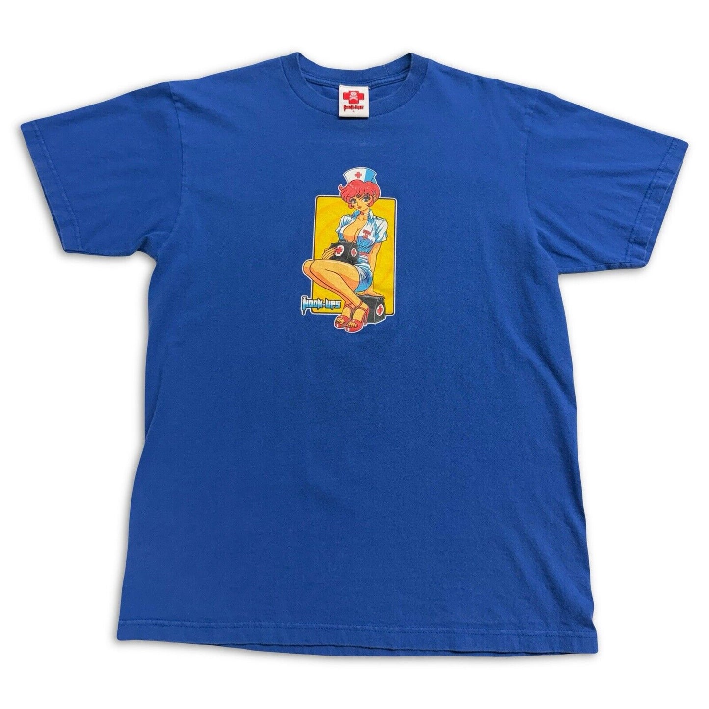 Hook - Ups Skateboard “Nurse Trixie” Blue Vintage TShirt Men's Large JK Industries - thriftgoblin