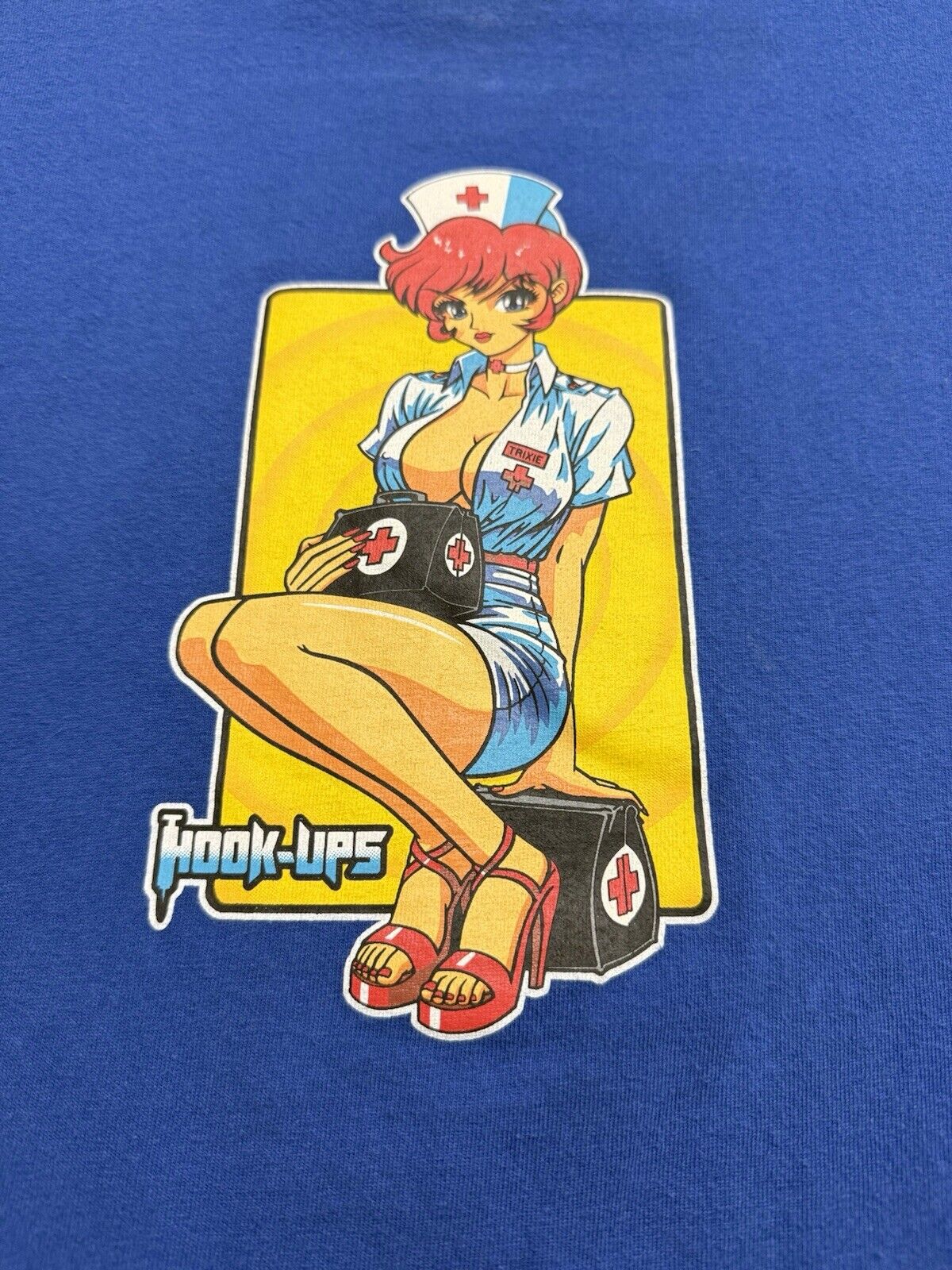 Hook - Ups Skateboard “Nurse Trixie” Blue Vintage TShirt Men's Large JK Industries - thriftgoblin