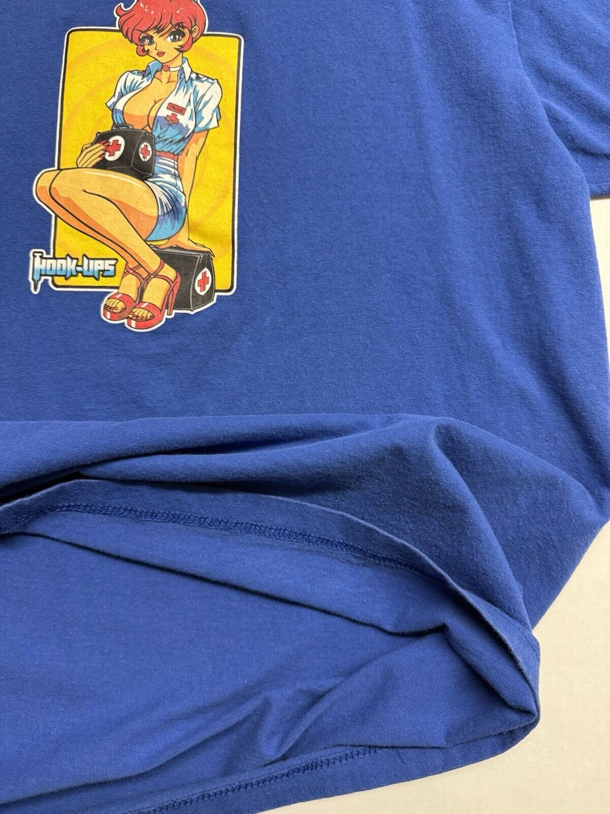 Hook - Ups Skateboard “Nurse Trixie” Blue Vintage TShirt Men's Large JK Industries - thriftgoblin