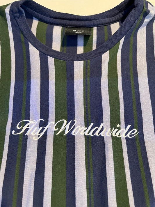 HUF WORLDWIDE Vertical Striped Tee Size XL Embroidered Logo Green Blue White - thriftgoblin