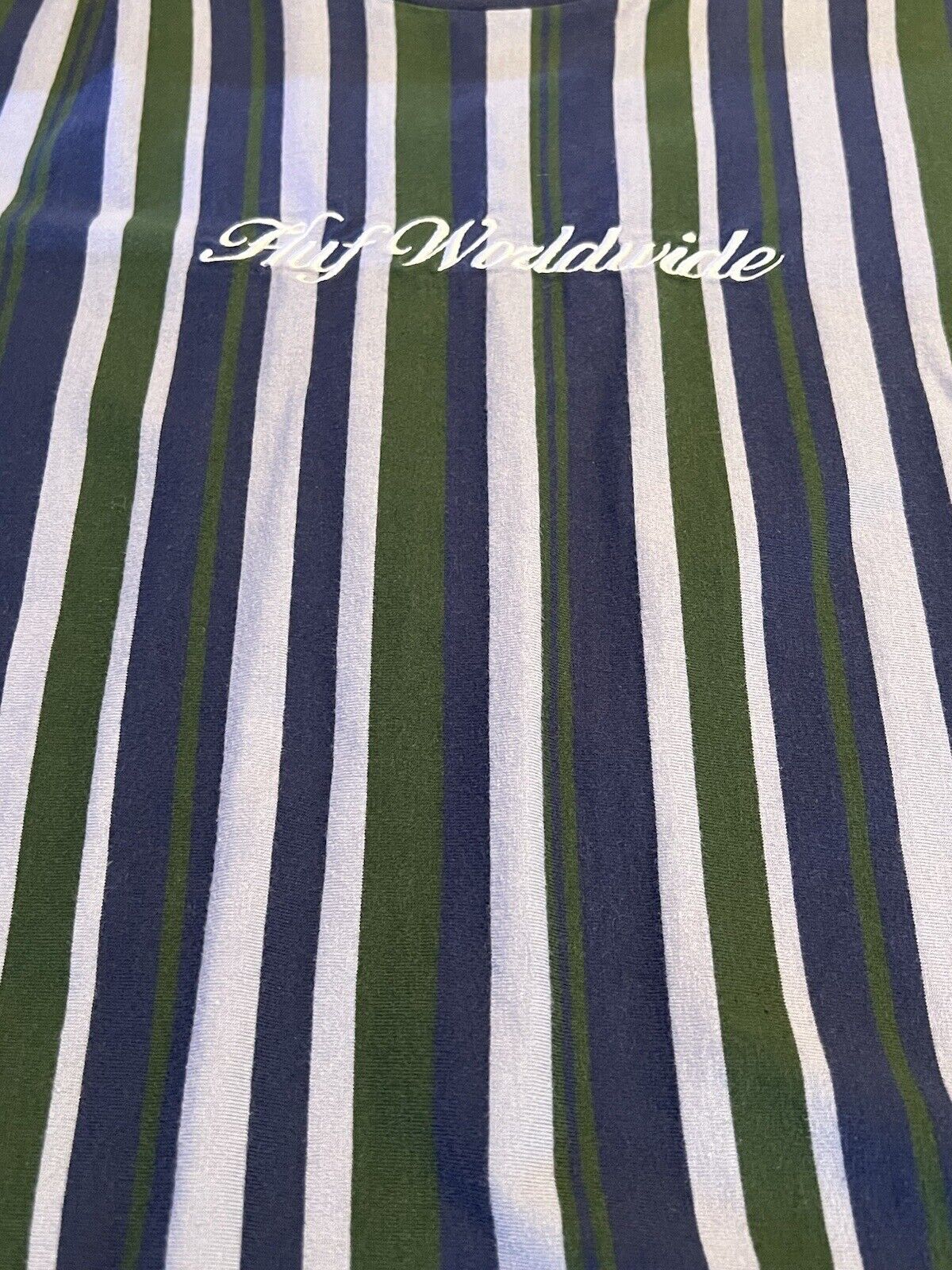 HUF WORLDWIDE Vertical Striped Tee Size XL Embroidered Logo Green Blue White - thriftgoblin