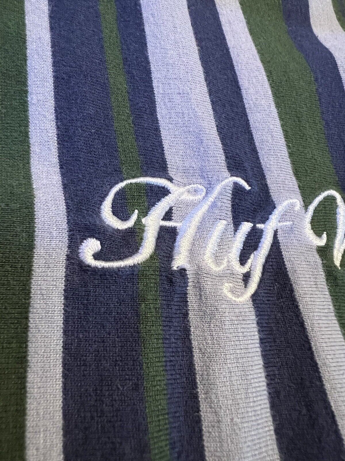 HUF WORLDWIDE Vertical Striped Tee Size XL Embroidered Logo Green Blue White - thriftgoblin