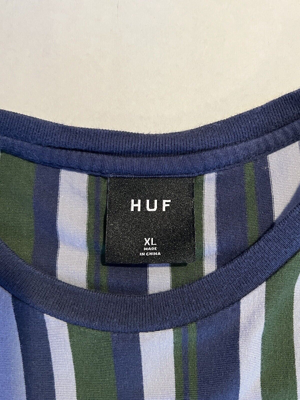 HUF WORLDWIDE Vertical Striped Tee Size XL Embroidered Logo Green Blue White - thriftgoblin