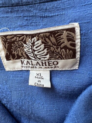 Kalaheo Hawaiian Shirt XL Solid Blue Emroidery Palm Trees Pocket Short Sleeve - thriftgoblin