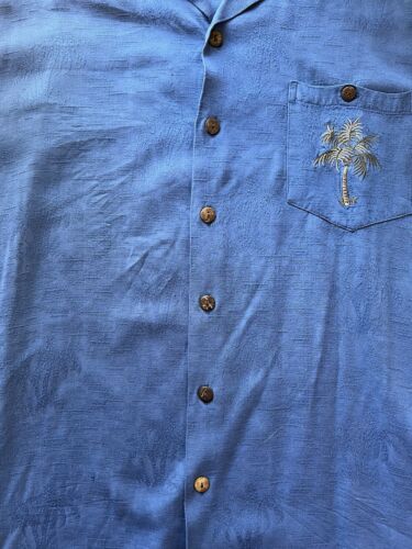 Kalaheo Hawaiian Shirt XL Solid Blue Emroidery Palm Trees Pocket Short Sleeve - thriftgoblin