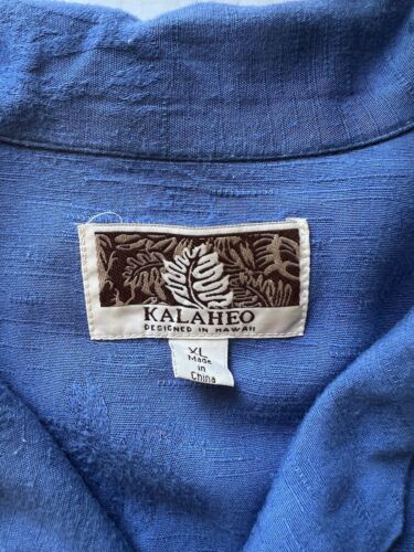 Kalaheo Hawaiian Shirt XL Solid Blue Emroidery Palm Trees Pocket Short Sleeve - thriftgoblin