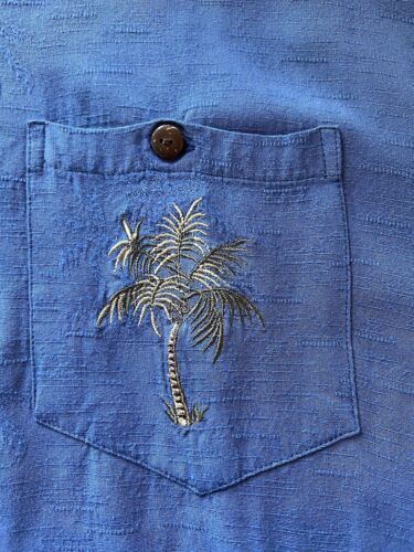 Kalaheo Hawaiian Shirt XL Solid Blue Emroidery Palm Trees Pocket Short Sleeve - thriftgoblin