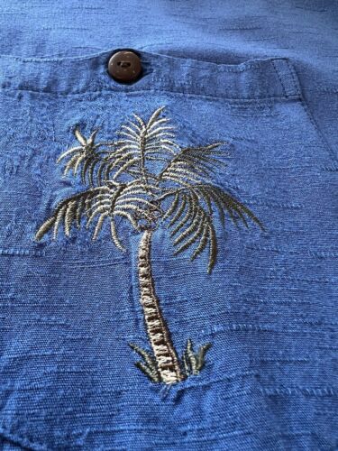 Kalaheo Hawaiian Shirt XL Solid Blue Emroidery Palm Trees Pocket Short Sleeve - thriftgoblin