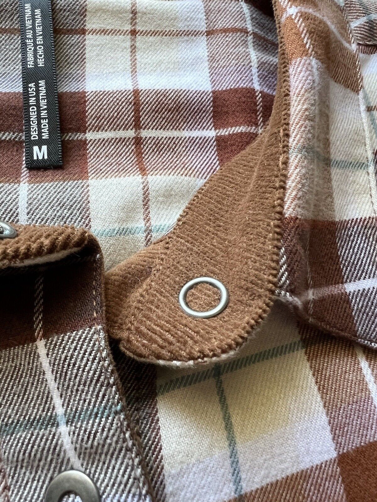KUHL Tess Plaid Flannel Shirt Cinnamon Brown Women's Sz M Cream Corduroy Hiking - thriftgoblin