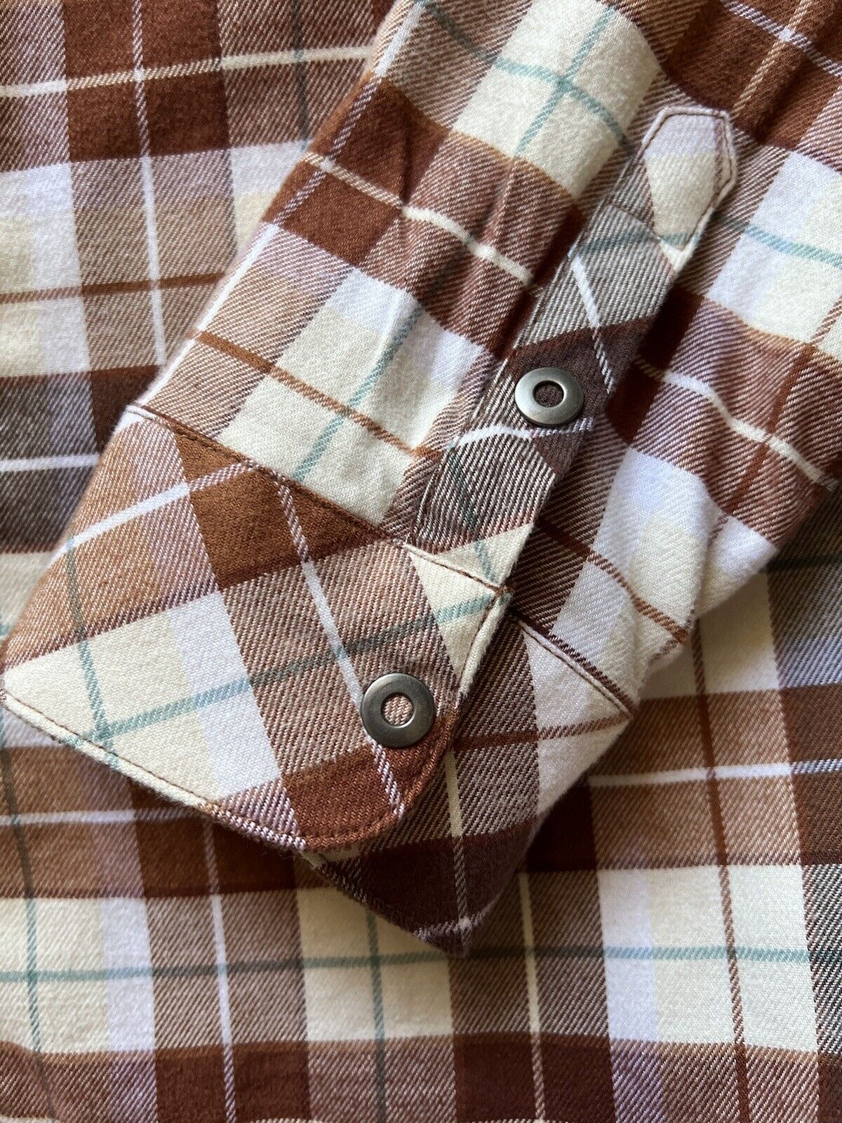 KUHL Tess Plaid Flannel Shirt Cinnamon Brown Women's Sz M Cream Corduroy Hiking - thriftgoblin