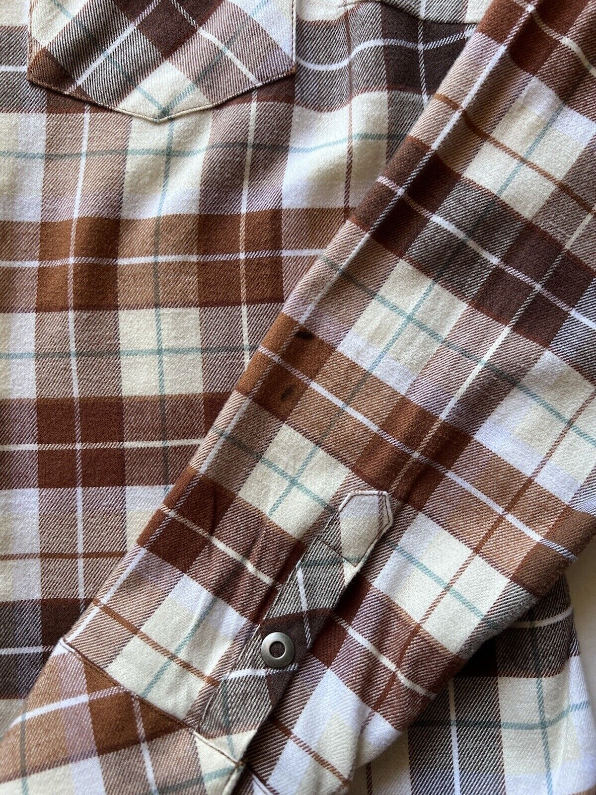 KUHL Tess Plaid Flannel Shirt Cinnamon Brown Women's Sz M Cream Corduroy Hiking - thriftgoblin