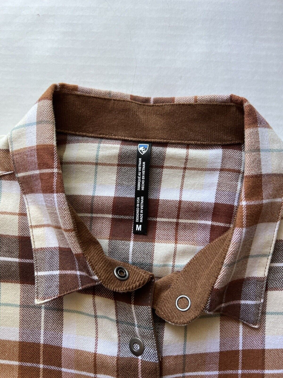 KUHL Tess Plaid Flannel Shirt Cinnamon Brown Women's Sz M Cream Corduroy Hiking - thriftgoblin