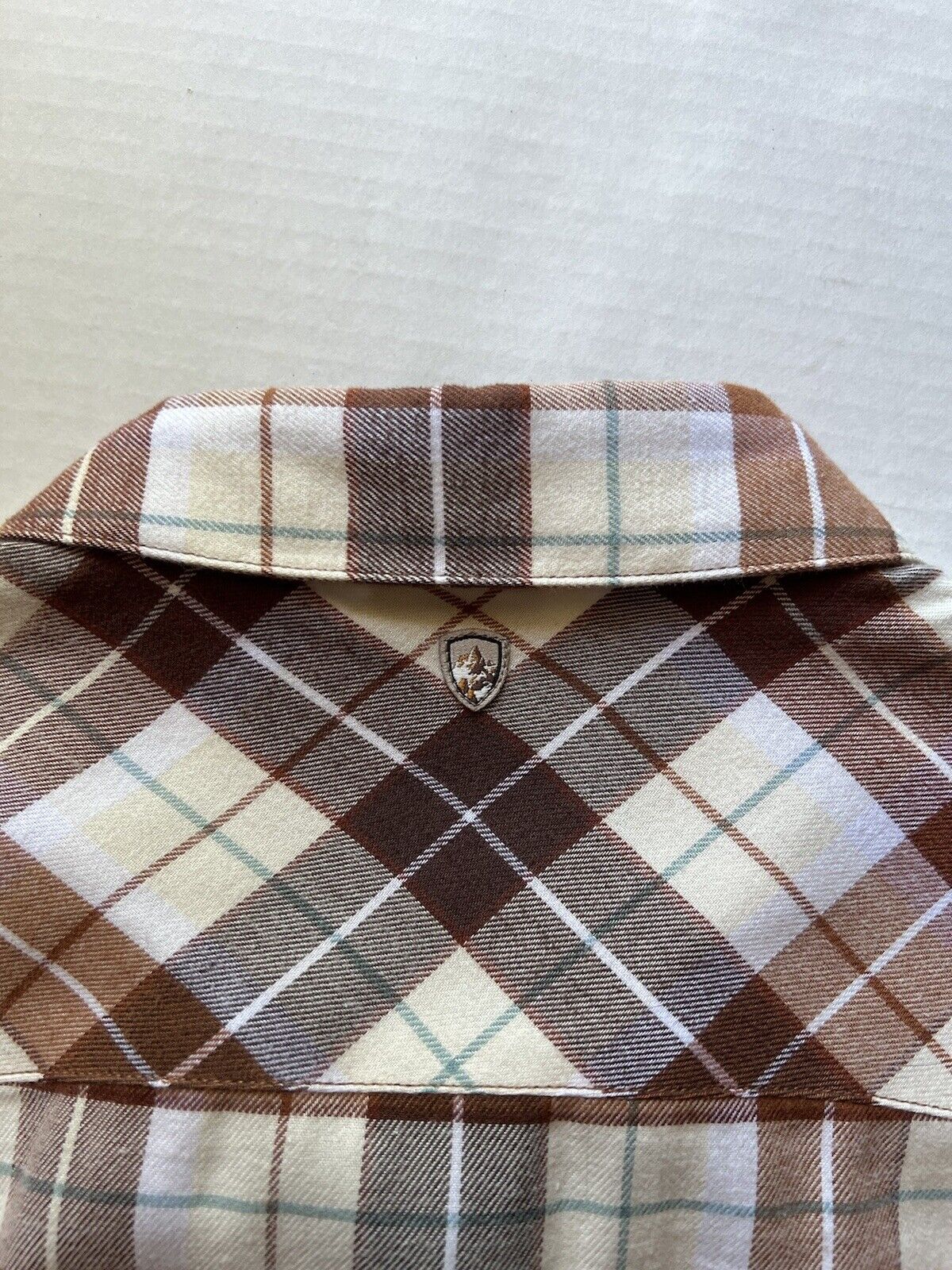 KUHL Tess Plaid Flannel Shirt Cinnamon Brown Women's Sz M Cream Corduroy Hiking - thriftgoblin
