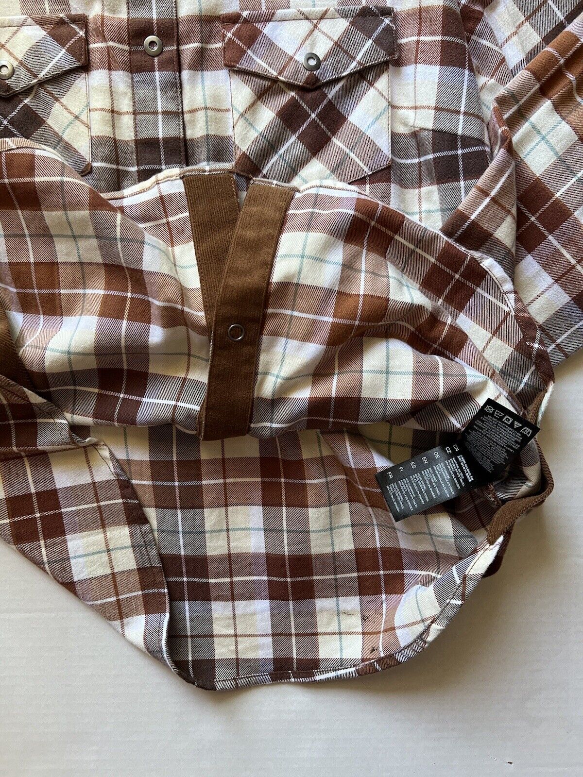 KUHL Tess Plaid Flannel Shirt Cinnamon Brown Women's Sz M Cream Corduroy Hiking - thriftgoblin