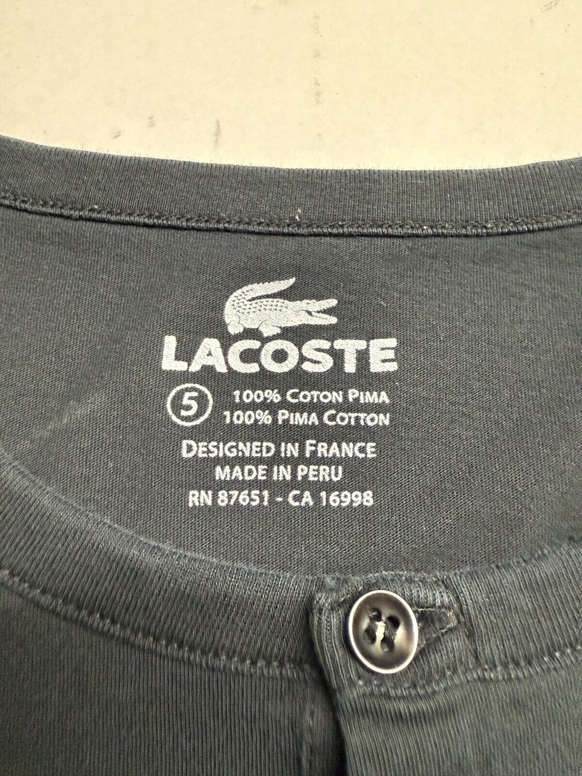 Lacoste Soft Pima Cotton Henley Button T Shirt Size 5 Large Peru Short Sleeve - thriftgoblin
