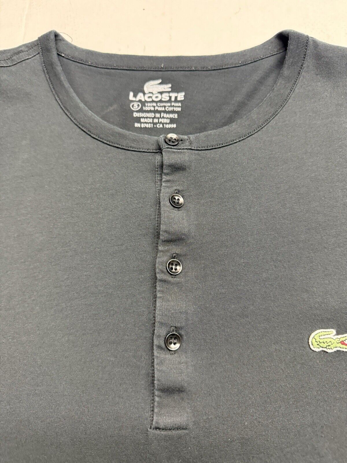 Lacoste Soft Pima Cotton Henley Button T Shirt Size 5 Large Peru Short Sleeve - thriftgoblin