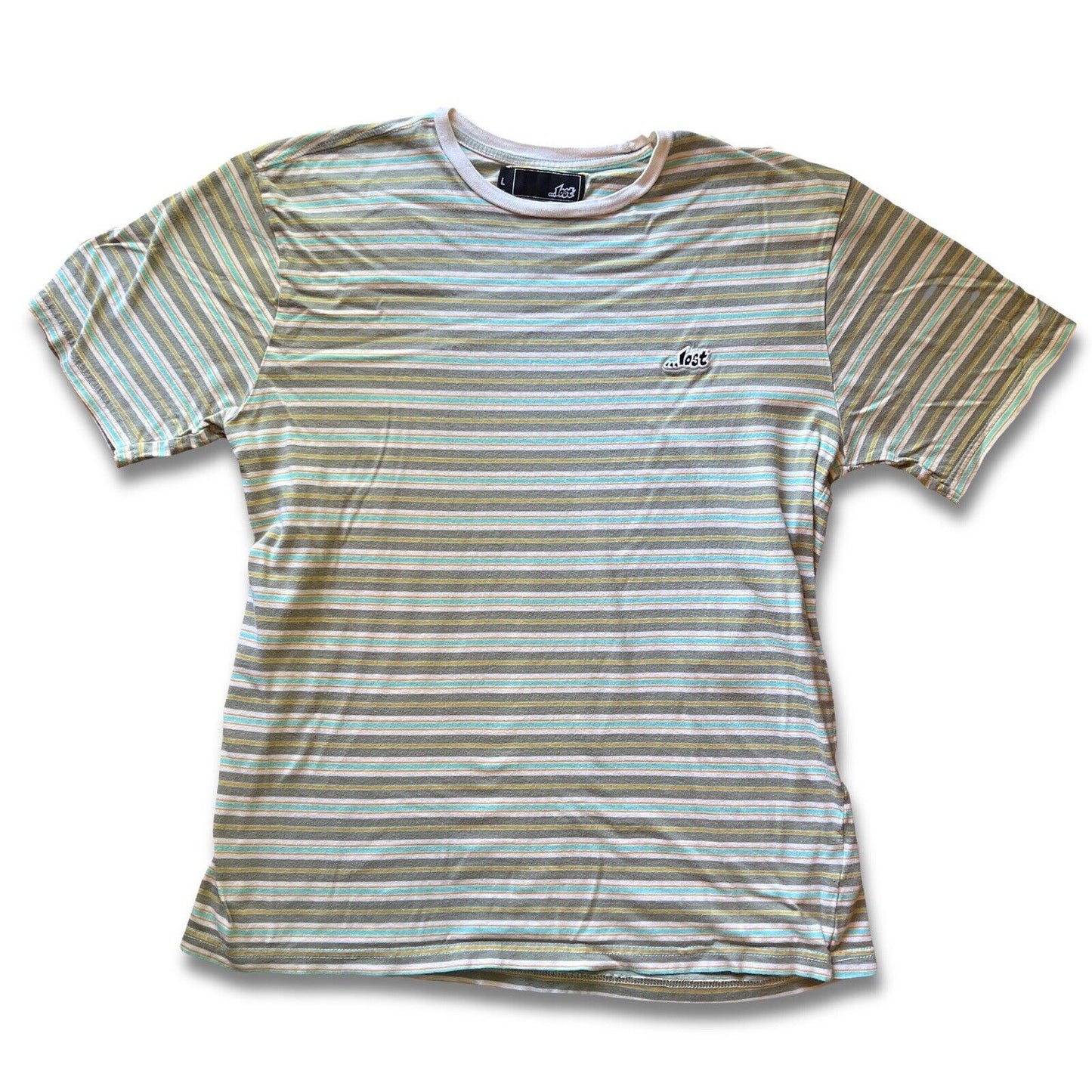 Lost Enterprises Mens T Shirt Short Sleeve Striped Surf Skate Teal Gray Sz Large - thriftgoblin